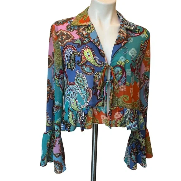WILLOW & ROOT Mixed Paisley Print Chiffon Blouse, Sz S - Picture 7 of 13